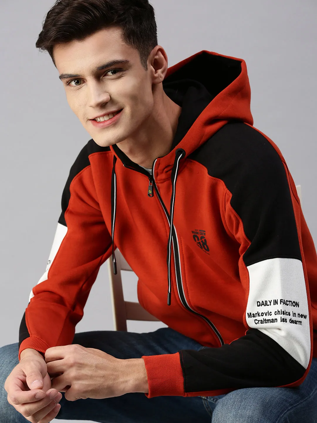 Men Hooded Solid Orange Sweatshirt