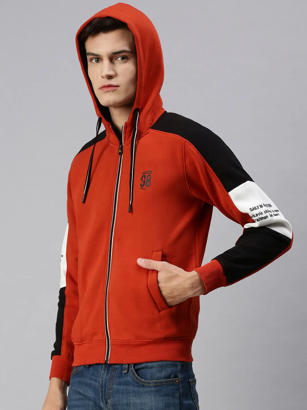 Men Hooded Solid Orange Sweatshirt