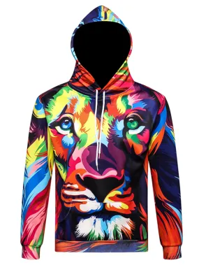 Men's 3D Color Block Lion Print Pullover Drawstring Long Sleeves Hoodie