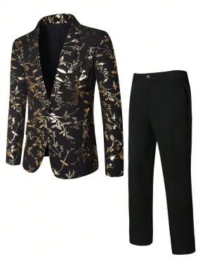 Men's Black & Gold Jacquard Blazer Dinner Jacket & Pants Suit