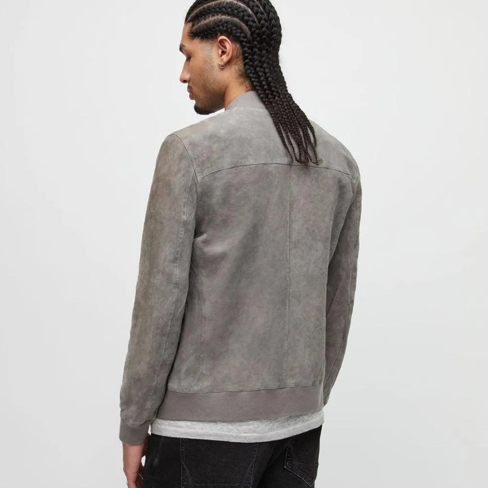 Men's Grey Suede Leather Bomber Jacket