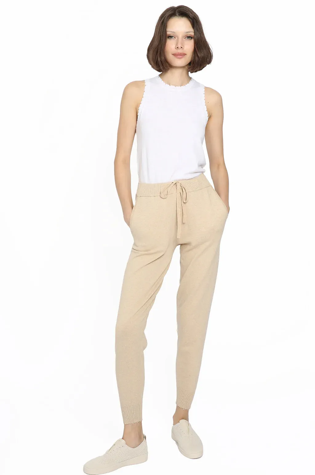 minnie rose cotton cashmere frayed jogger Brown Sugar