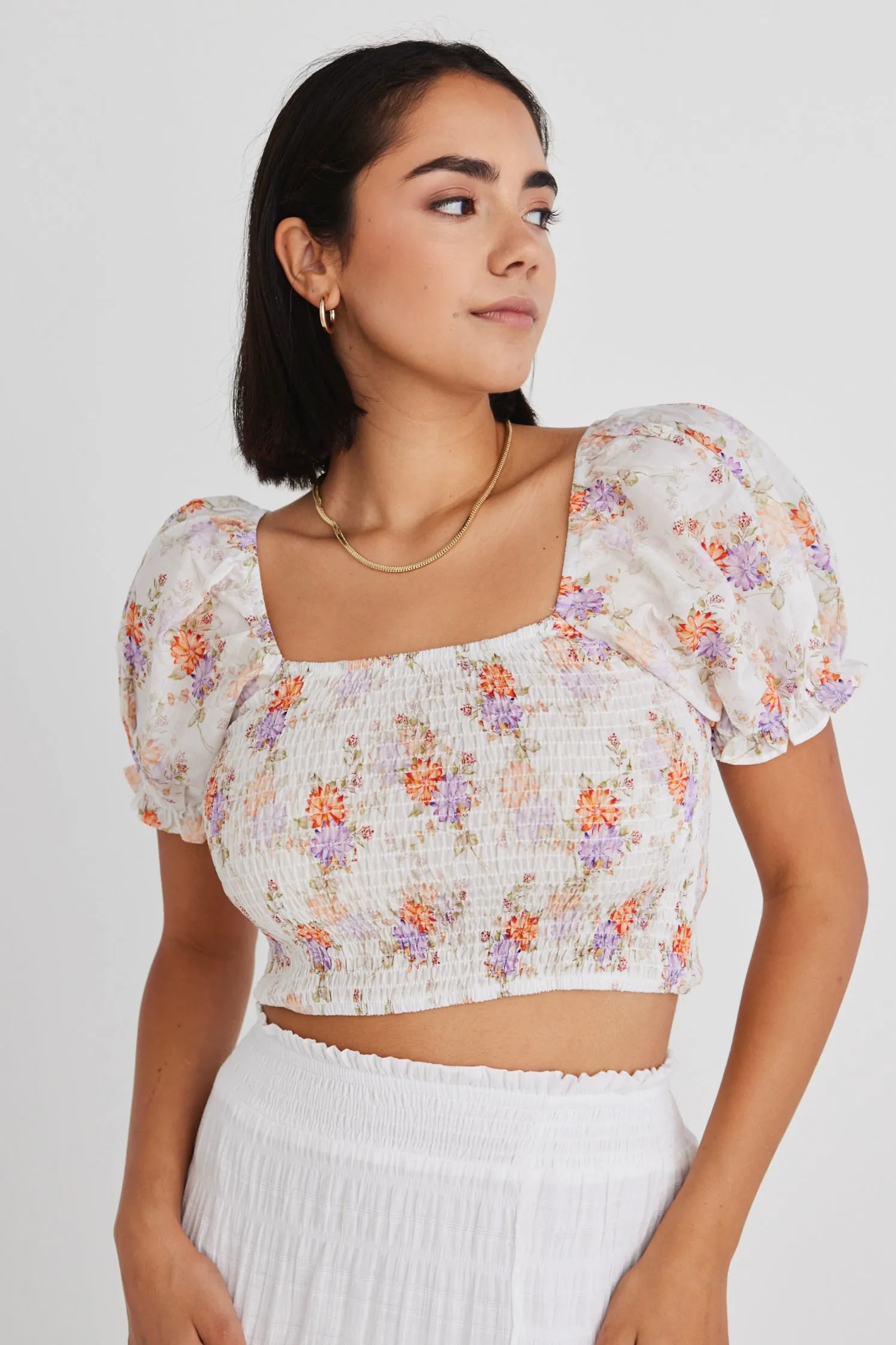 Mist White Bright Floral Puff Sleeve Shirred Top