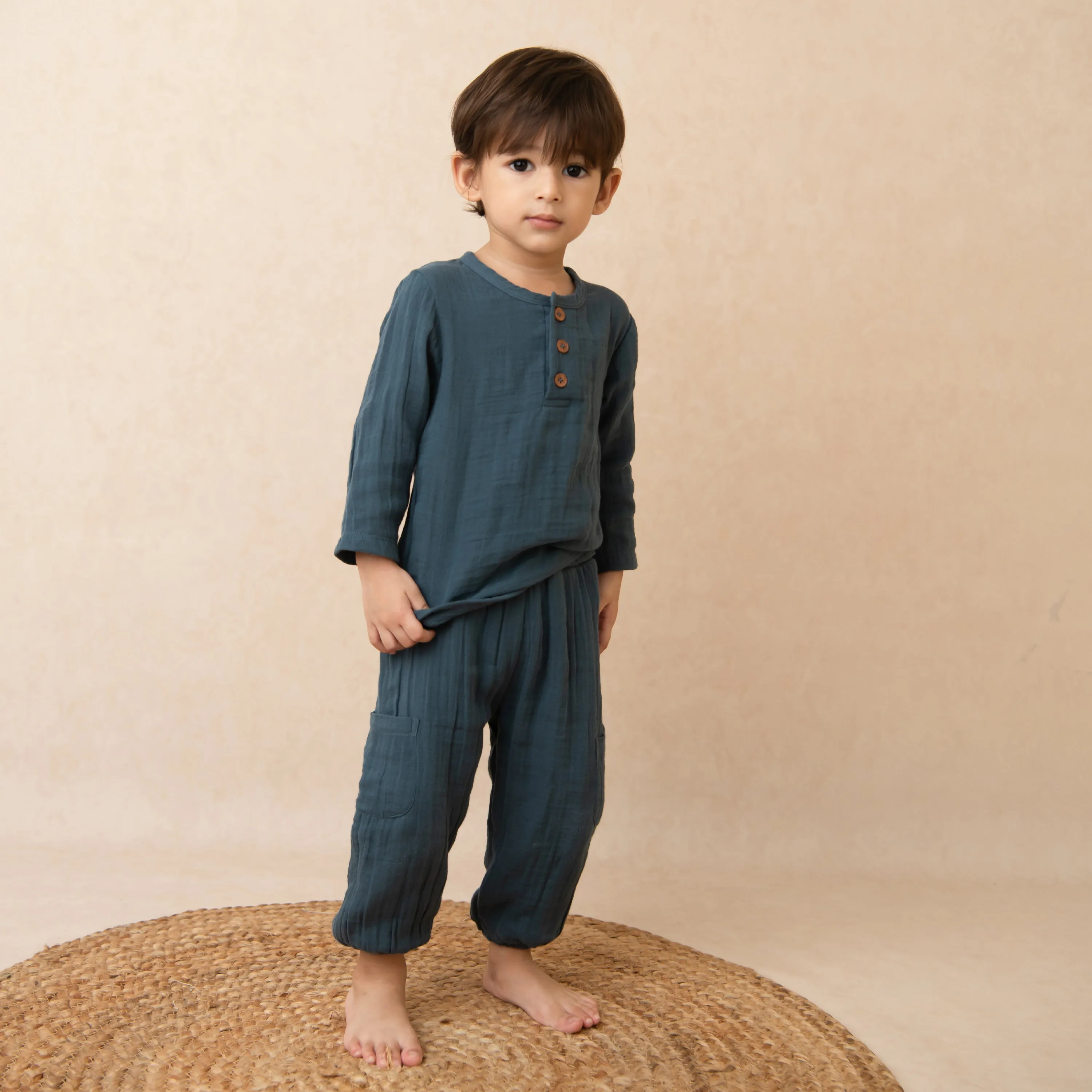 Navy Organic Muslin Long Sleeve Henley Tshirt With Lounge Pant Set