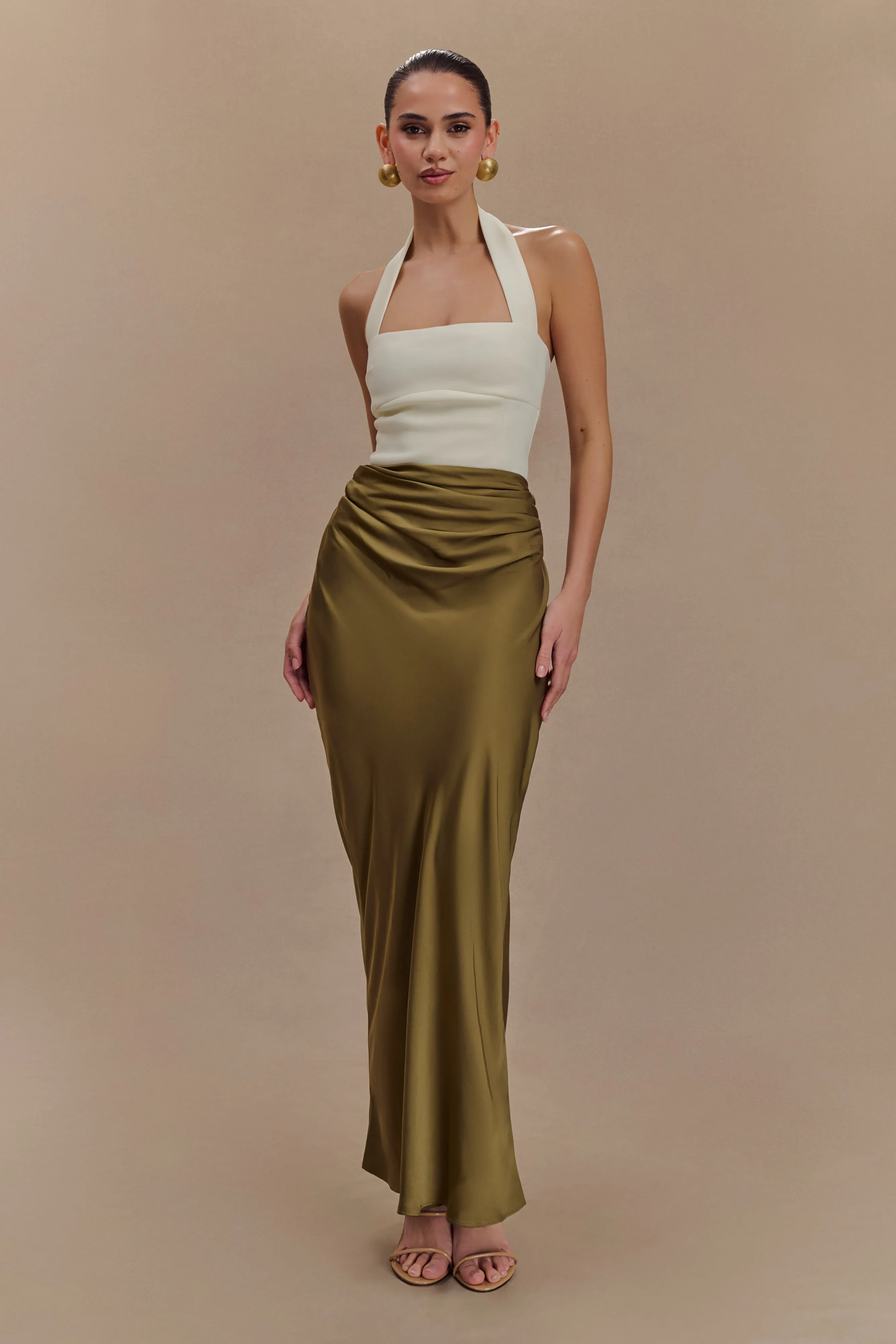 Nicola Satin Asymmetric Maxi Skirt - Basil