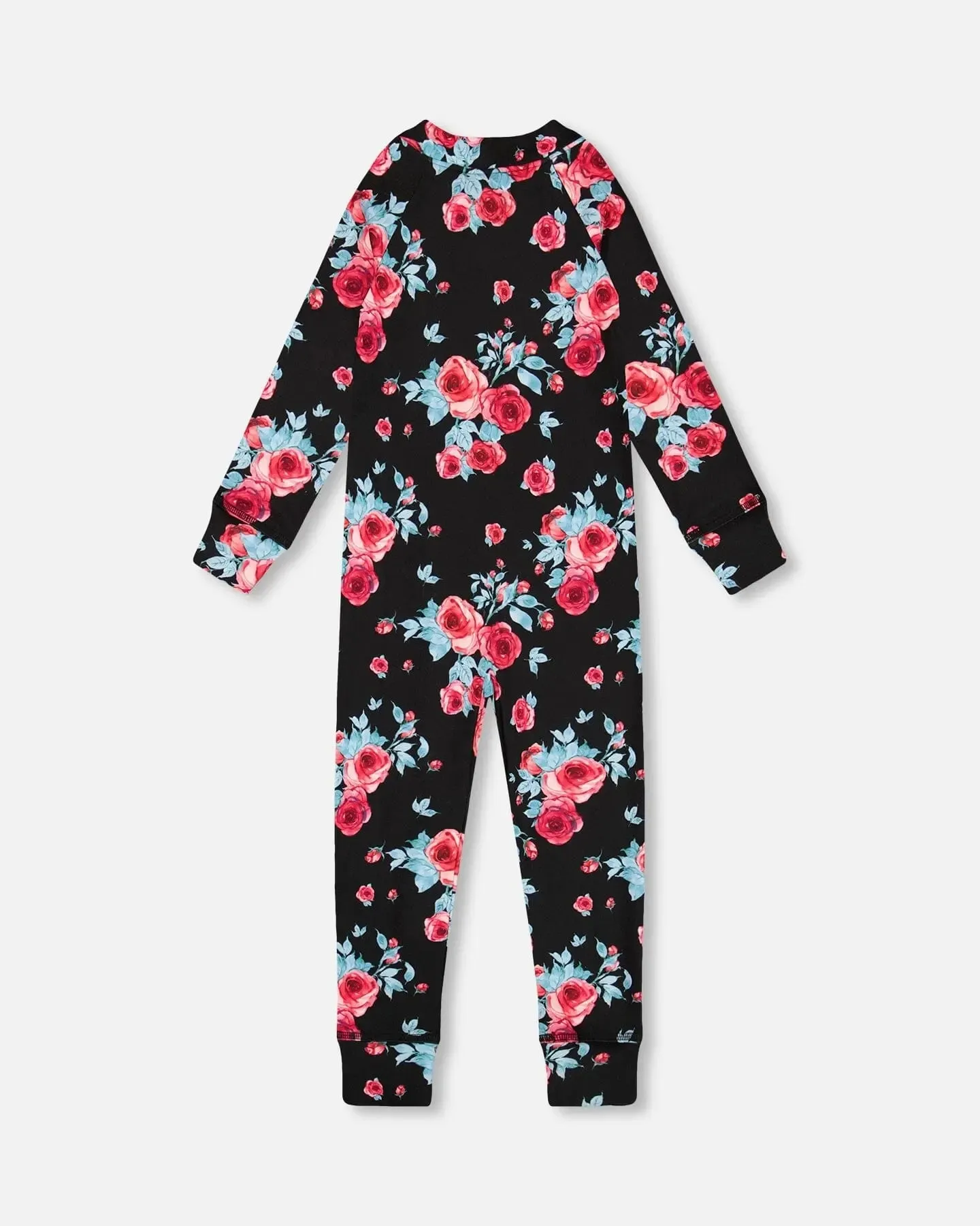 One Piece Thermal Underwear Black Printed Roses