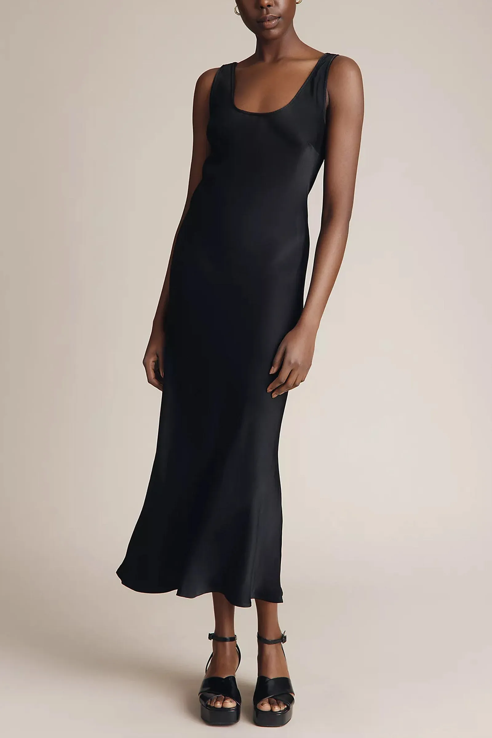 Palm Bias Cut Satin Slip Dress, Black