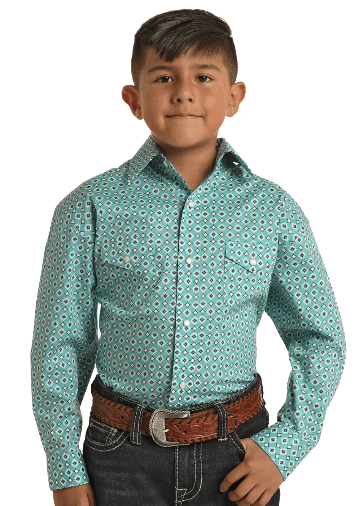 Panhandle Cowboy Boy's Turquoise Long Sleeve Snap Up Western Shirt RSBSOSRYT4