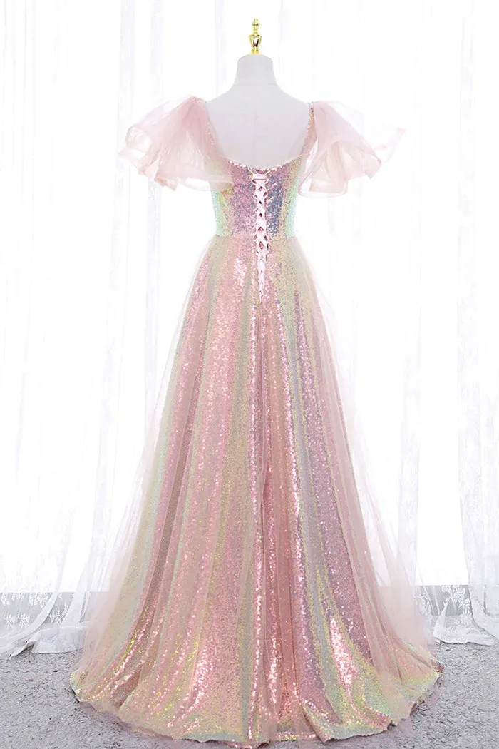 Pink Tulle Sequins Long Prom Dress, Cute Short Sleeve Evening Dress     fg4122