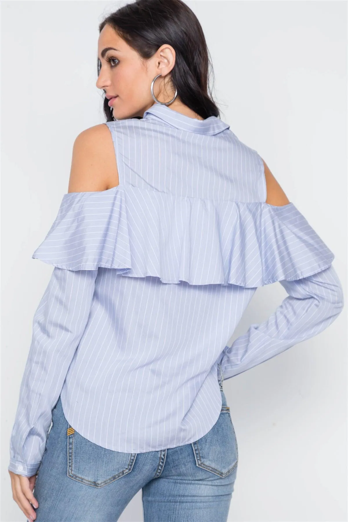 Powder Blue Stripe Cold Shoulder Button Down Top /3-2-1