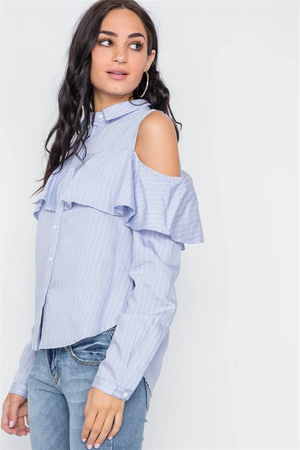 Powder Blue Stripe Cold Shoulder Button Down Top /3-2-1