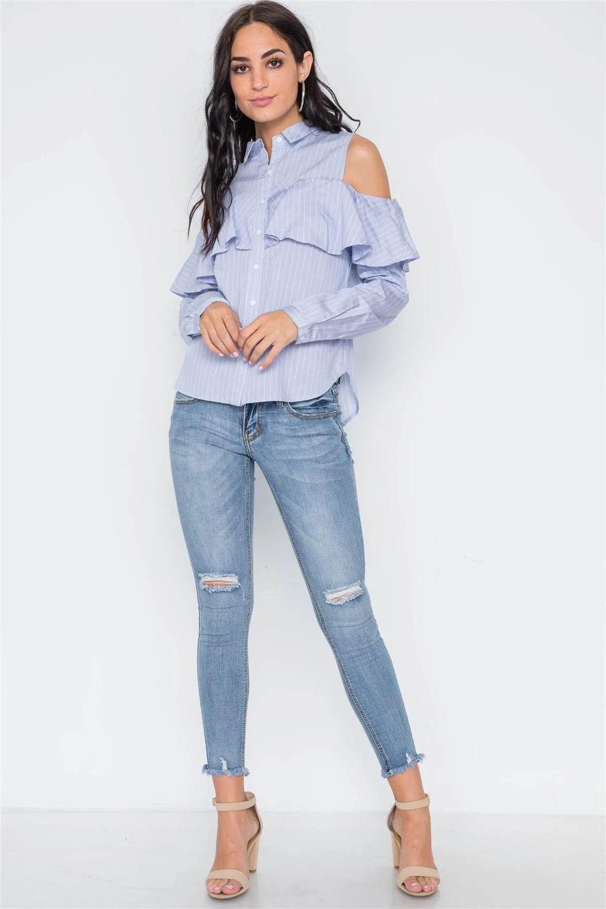 Powder Blue Stripe Cold Shoulder Button Down Top /3-2-1