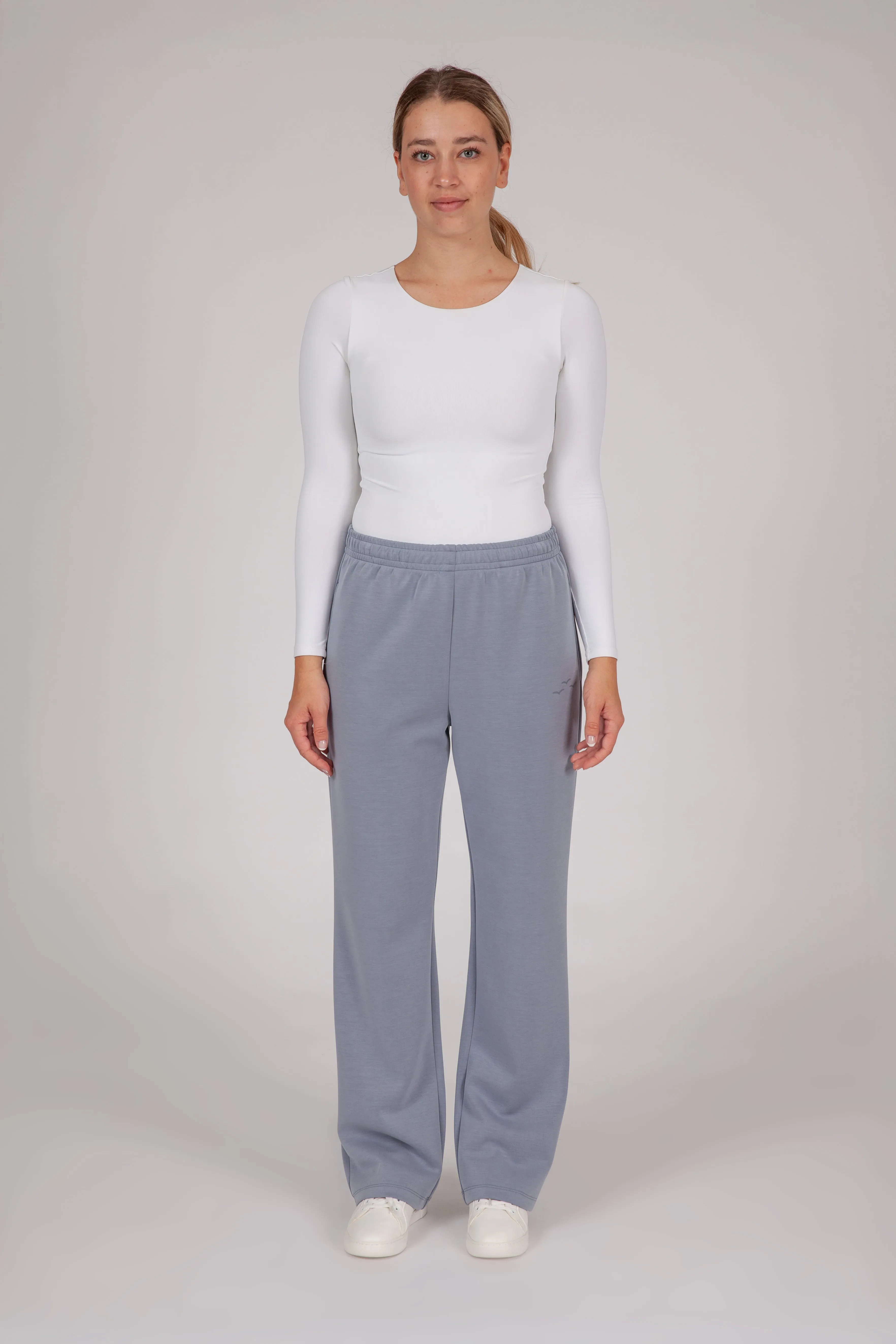 Premium luxe sueded scuba straight leg pant in dusty blue