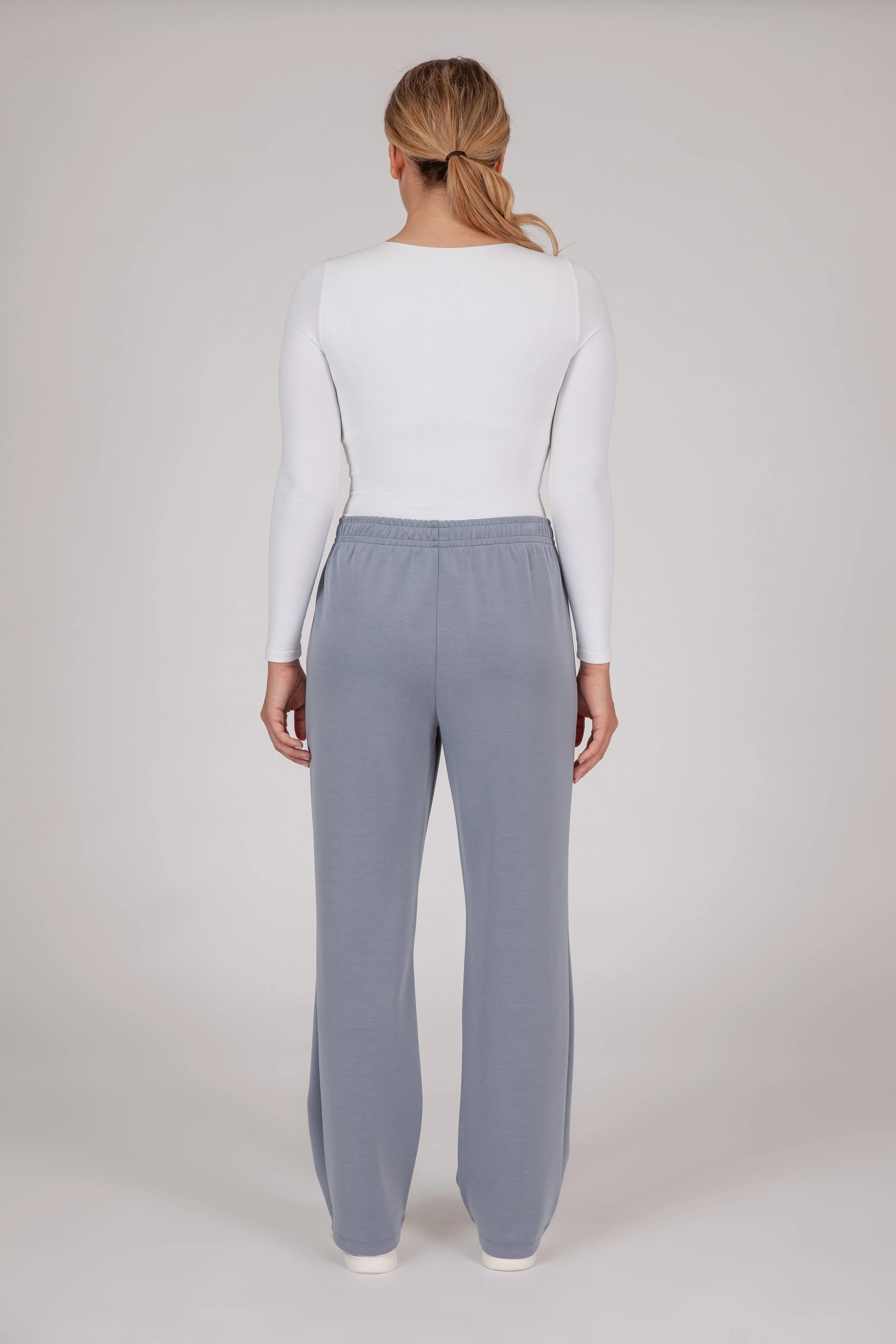 Premium luxe sueded scuba straight leg pant in dusty blue