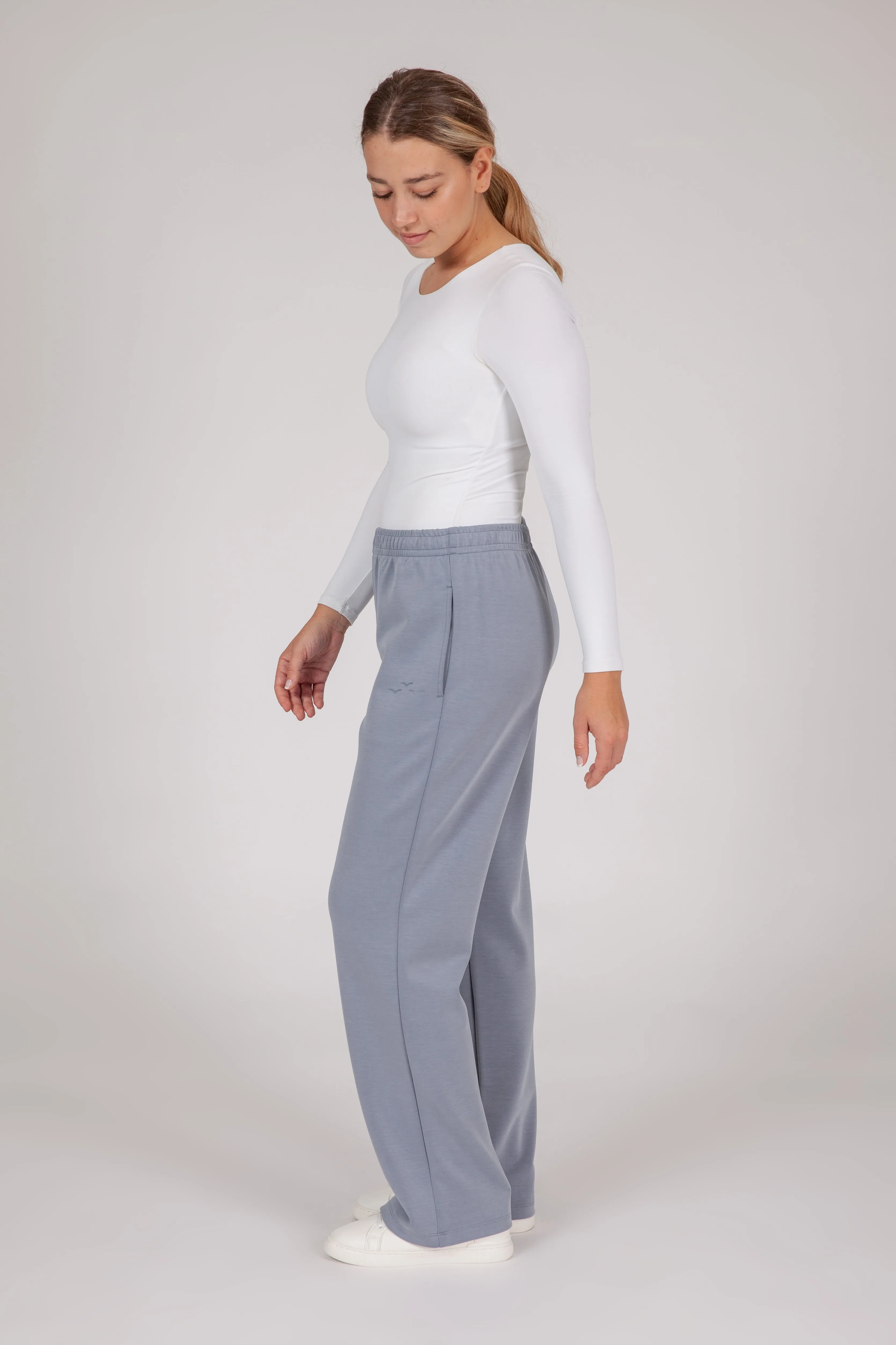 Premium luxe sueded scuba straight leg pant in dusty blue