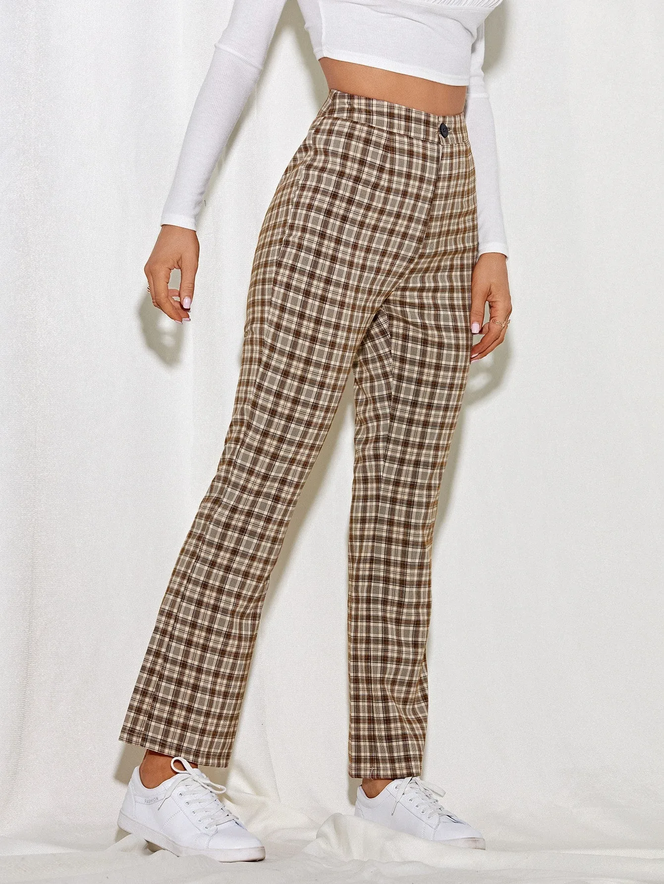 Preppy Tartan Zipper High Waist Long Women Pants