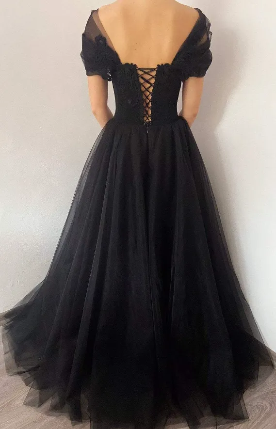 Princess Black Gothic Coret Tulle Prom Dress, Elegant Black Formal Gown    fg364