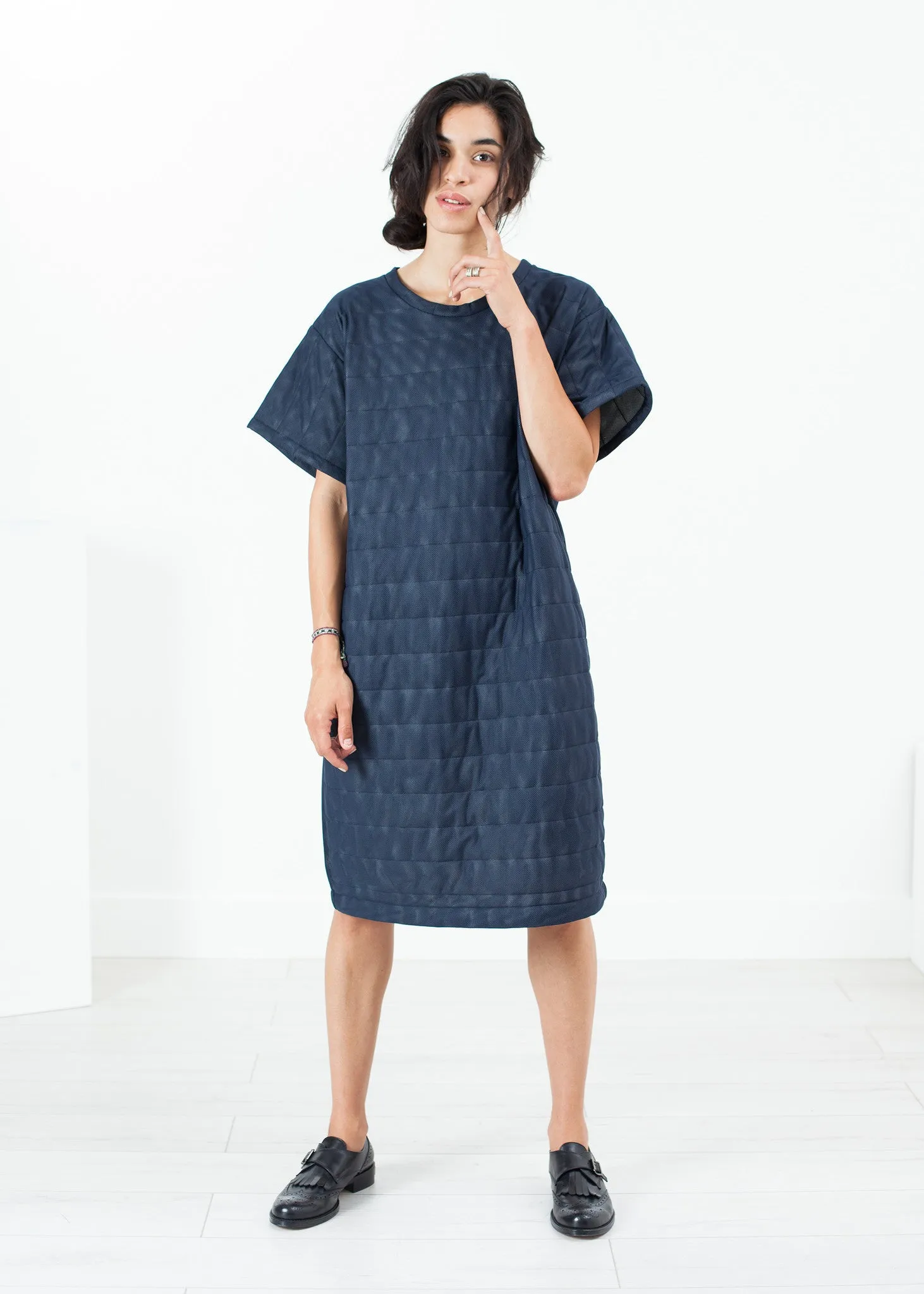 Quilted Mesh T-Shirt Dress in Navy