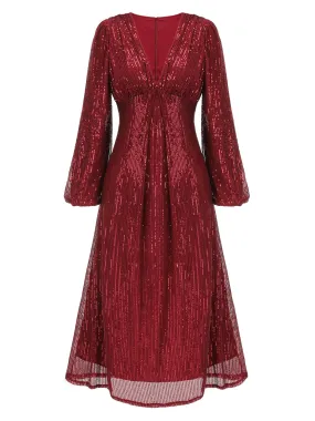 Red 1930s Solid Sequined V-Neck Shift Dress