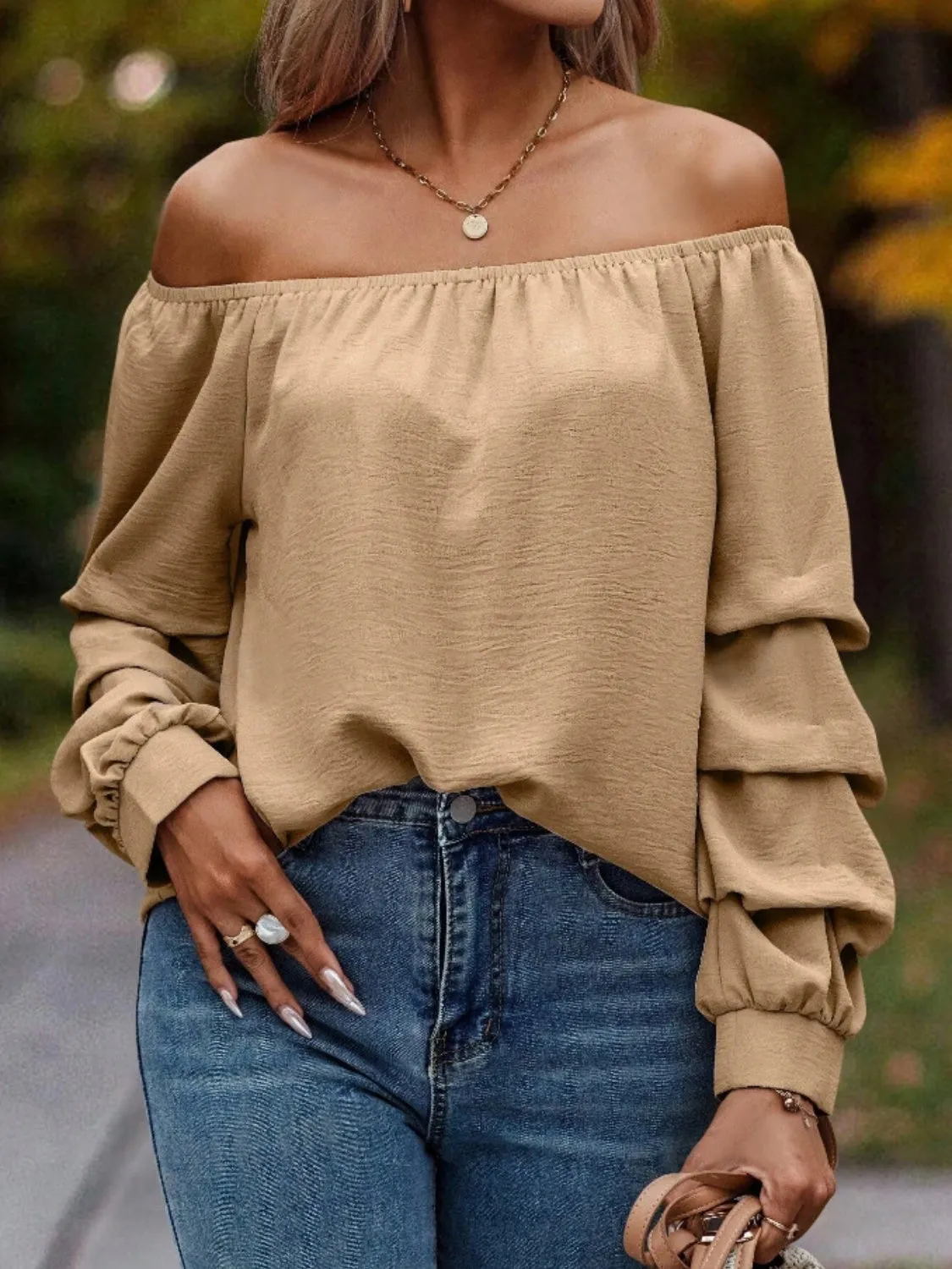 Ruched Off-Shoulder Long Sleeve Blouse