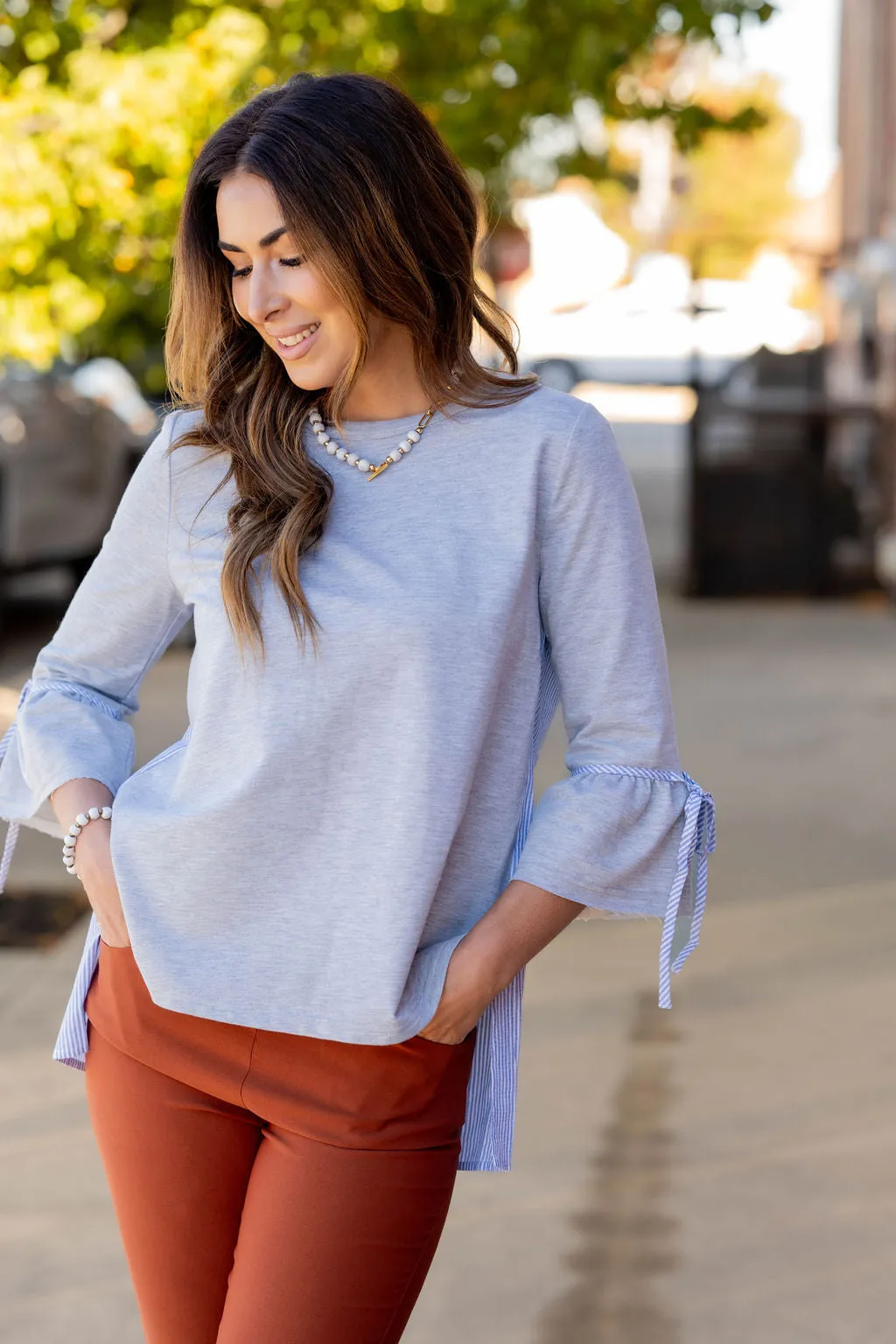 Seersucker Accented Bell Sleeve Tee