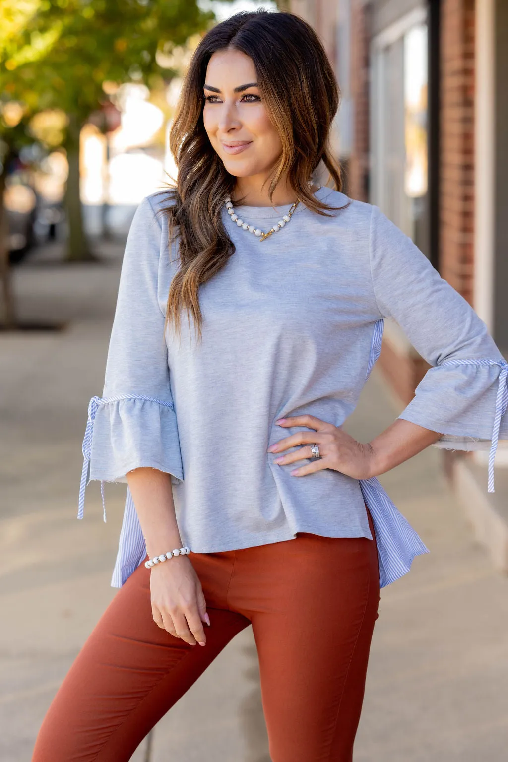 Seersucker Accented Bell Sleeve Tee