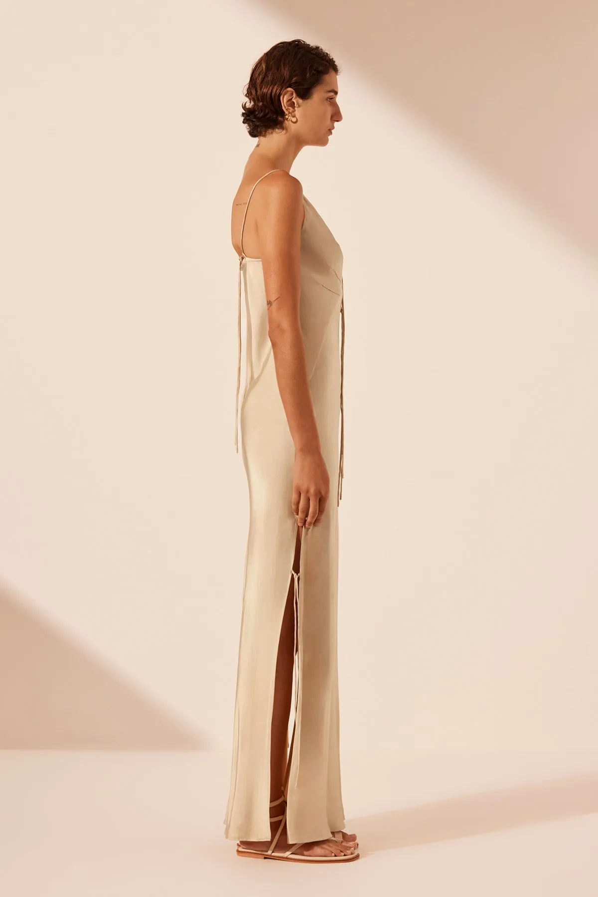 SHAE PLUNGED SLIP TIE MAXI DRESS - OAT