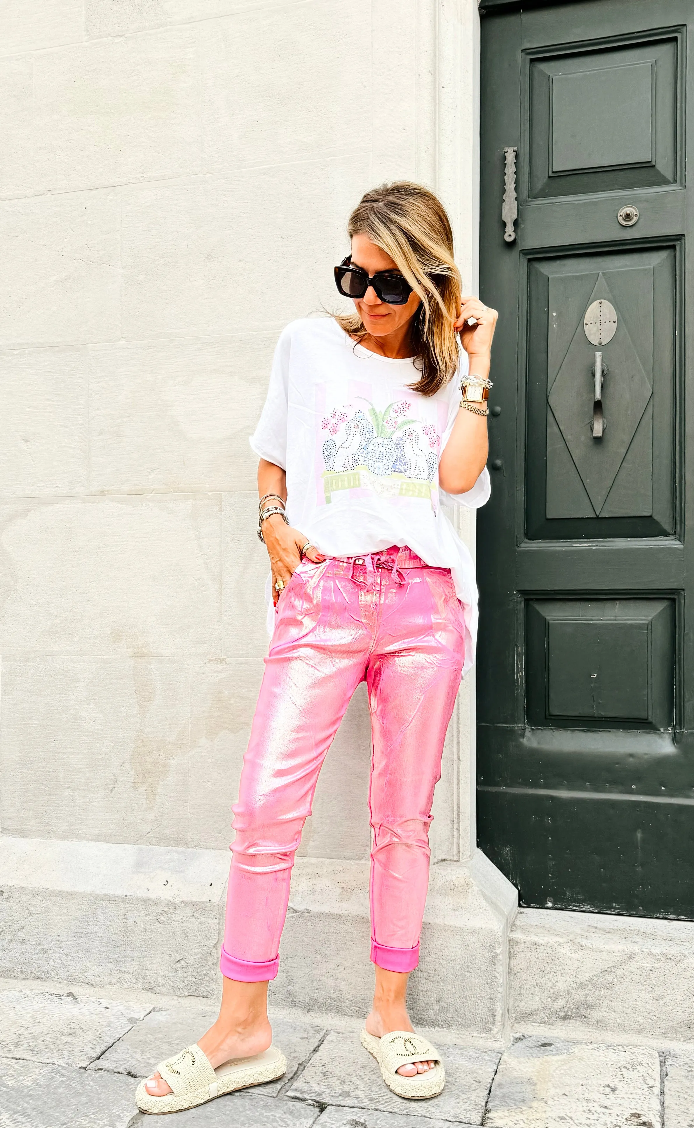 Shine-On Glistening Italian Joggers - Fuchsia/ Silver