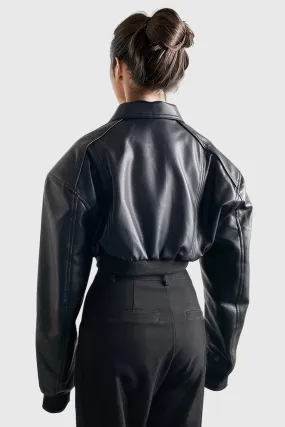 Short Bomber Jacket in Leather - Black