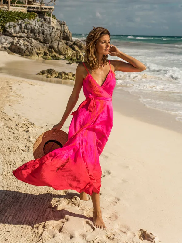 Silk Wrap Slip Maxi Dress - Neon Fire