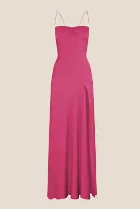 Spaghetti Straps Fuchsia Long Dress with Slit