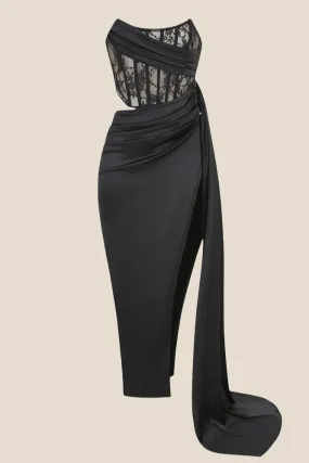 Strapless Black Lace Ruched Long Dress with Slit