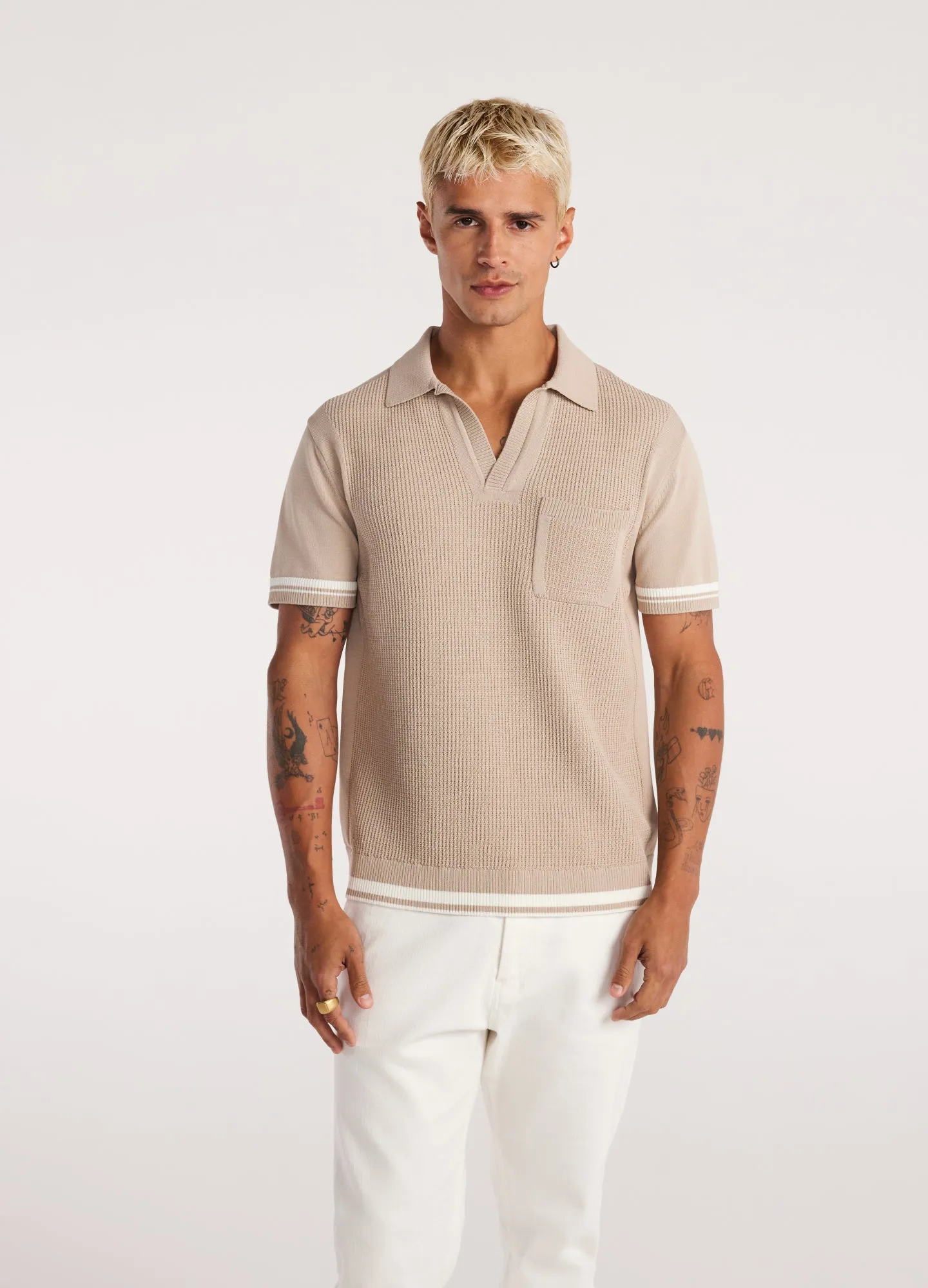 Striped Trim Textured Knit Polo Sand