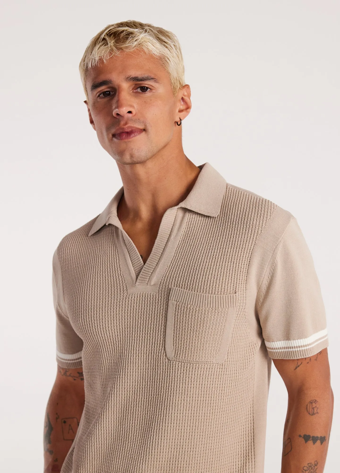 Striped Trim Textured Knit Polo Sand