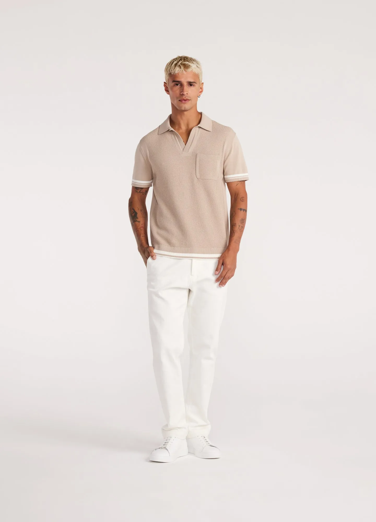 Striped Trim Textured Knit Polo Sand