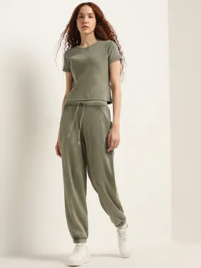 Studiofit Olive Waffle-Textured High-Rise Cotton Joggers