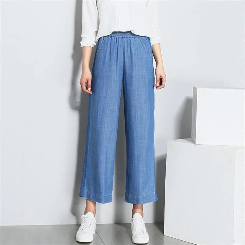 Summer Casual Ladies' Slim Mid Waist Cotton Wide Leg Jeans