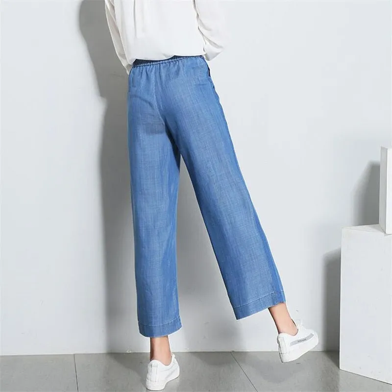 Summer Casual Ladies' Slim Mid Waist Cotton Wide Leg Jeans