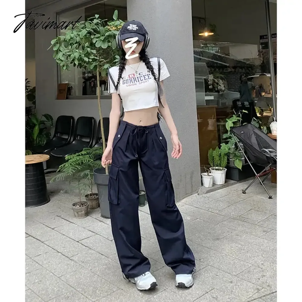 TAVIMART -  Hippie Wide Leg Cargo Pants Women Casual Vintage Low Waist Drawstring Joggers Tech Pants Solid Button Streetwear Baggy Trousers