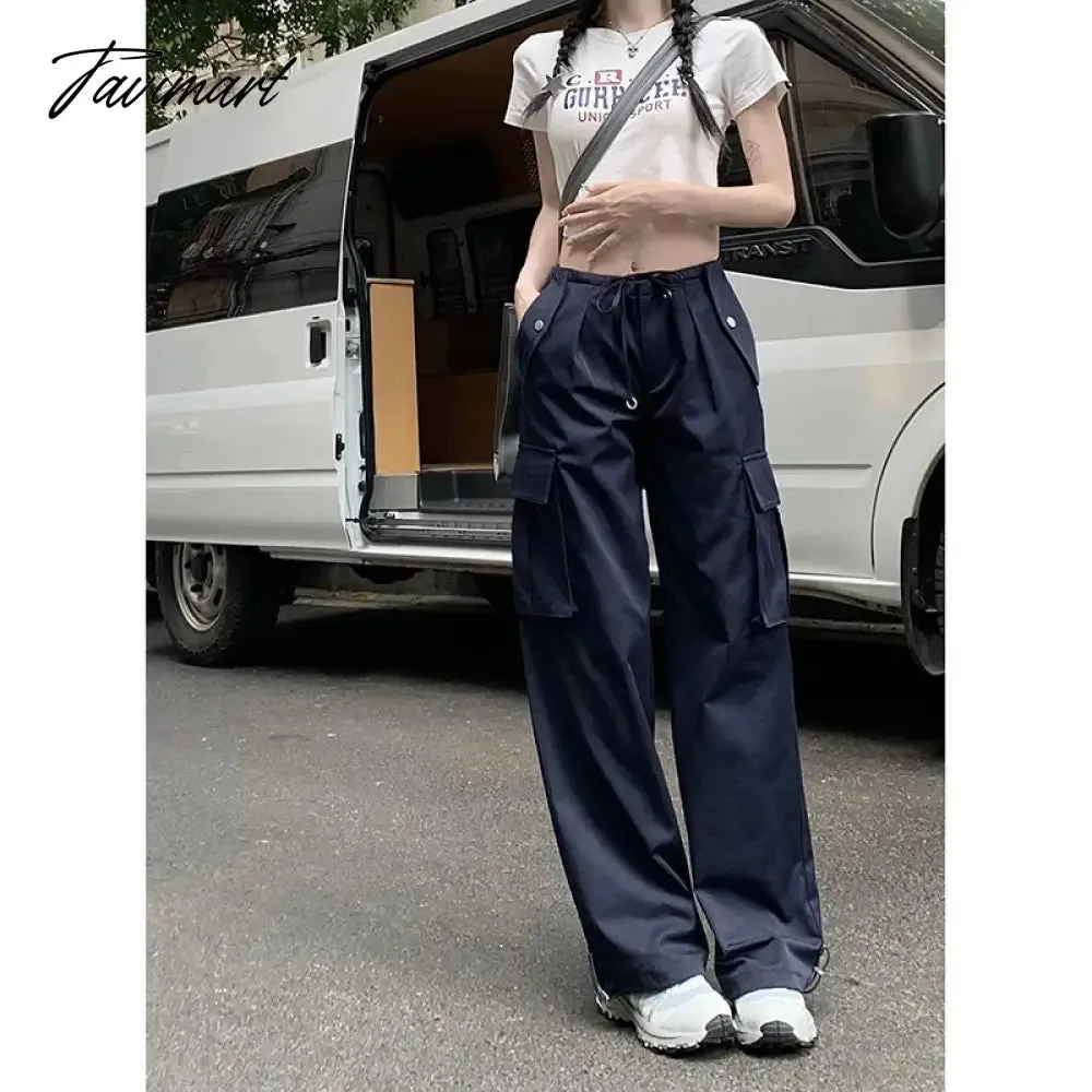 TAVIMART -  Hippie Wide Leg Cargo Pants Women Casual Vintage Low Waist Drawstring Joggers Tech Pants Solid Button Streetwear Baggy Trousers