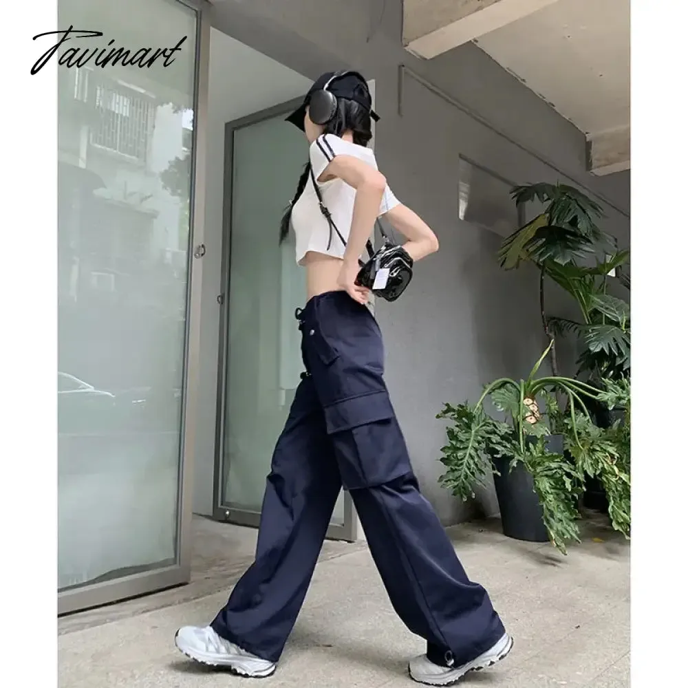 TAVIMART -  Hippie Wide Leg Cargo Pants Women Casual Vintage Low Waist Drawstring Joggers Tech Pants Solid Button Streetwear Baggy Trousers