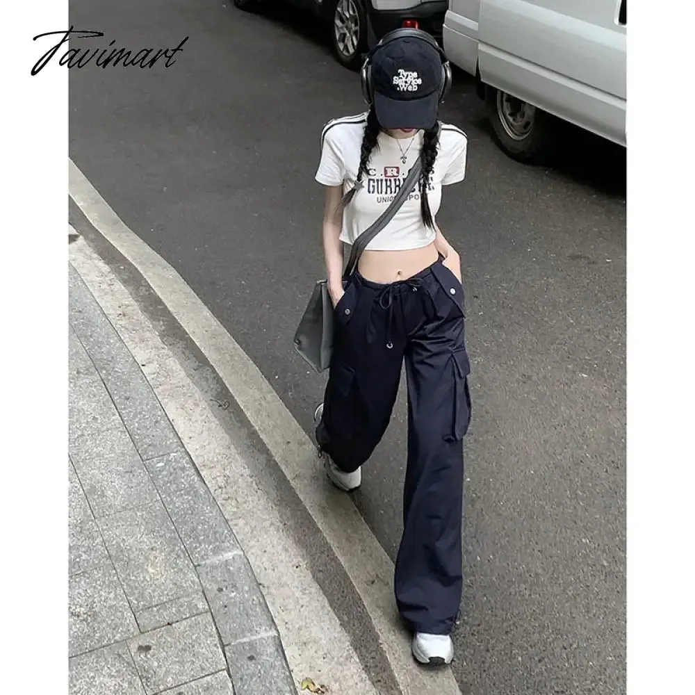 TAVIMART -  Hippie Wide Leg Cargo Pants Women Casual Vintage Low Waist Drawstring Joggers Tech Pants Solid Button Streetwear Baggy Trousers