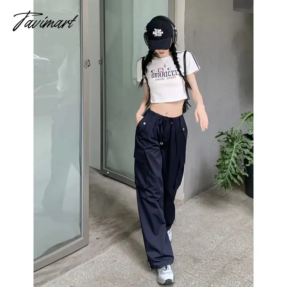 TAVIMART -  Hippie Wide Leg Cargo Pants Women Casual Vintage Low Waist Drawstring Joggers Tech Pants Solid Button Streetwear Baggy Trousers