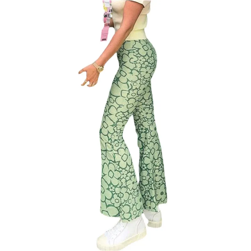 TAVIMART  -  Y2K Aesthetic Streetwear Fashion Joggers 90s Vintage Floral Print Flare Pants Women Casual Slim Fit High Waist Trousers