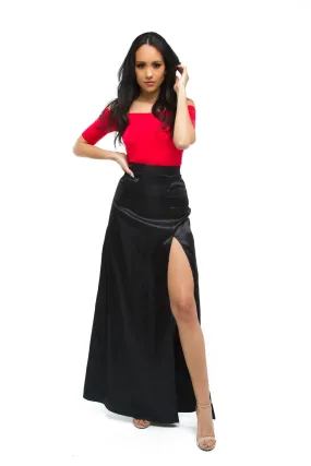 THE MYSTYLEMODE BLACK SATIN SIDE SLIT MAXI SKIRT