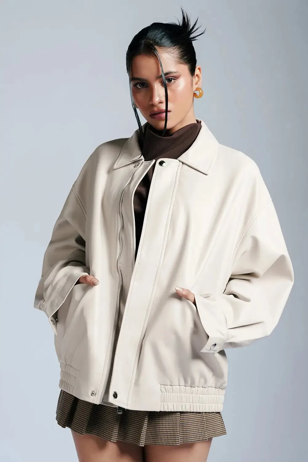 Tranquil White Leather Bomber Jacket