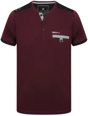 Trilude Open Henley Neck Cotton T-Shirt with Chest Pocket In Wine Tasting  - Dissident