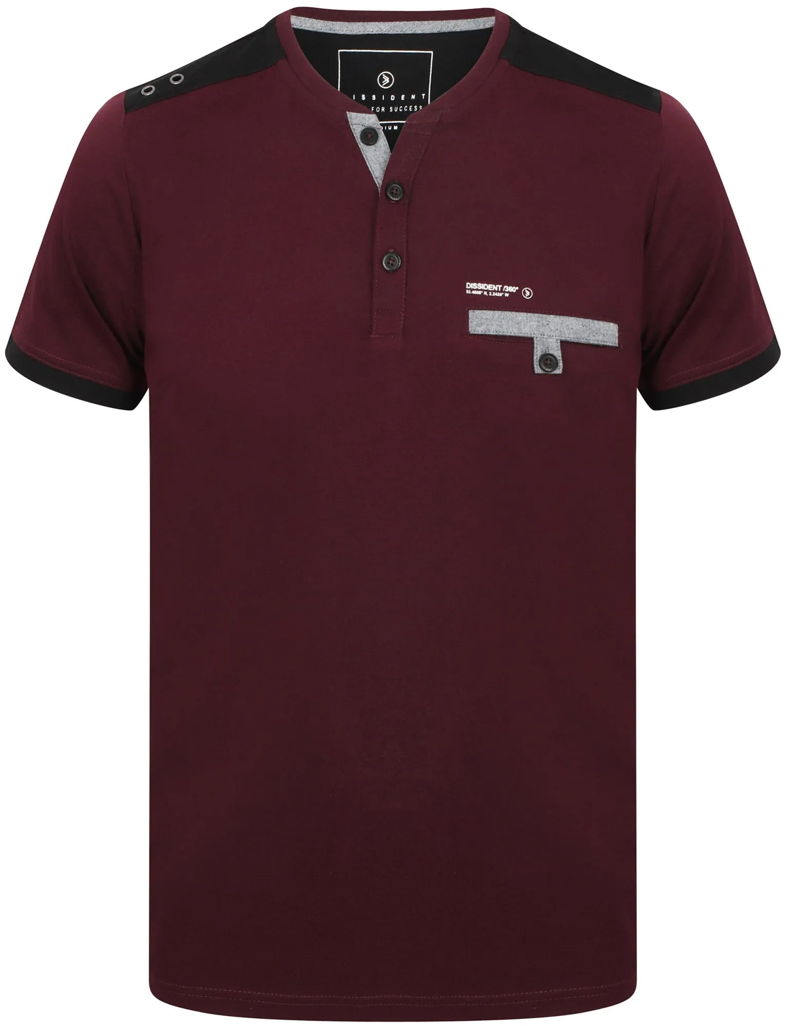 Trilude Open Henley Neck Cotton T-Shirt with Chest Pocket In Wine Tasting  - Dissident