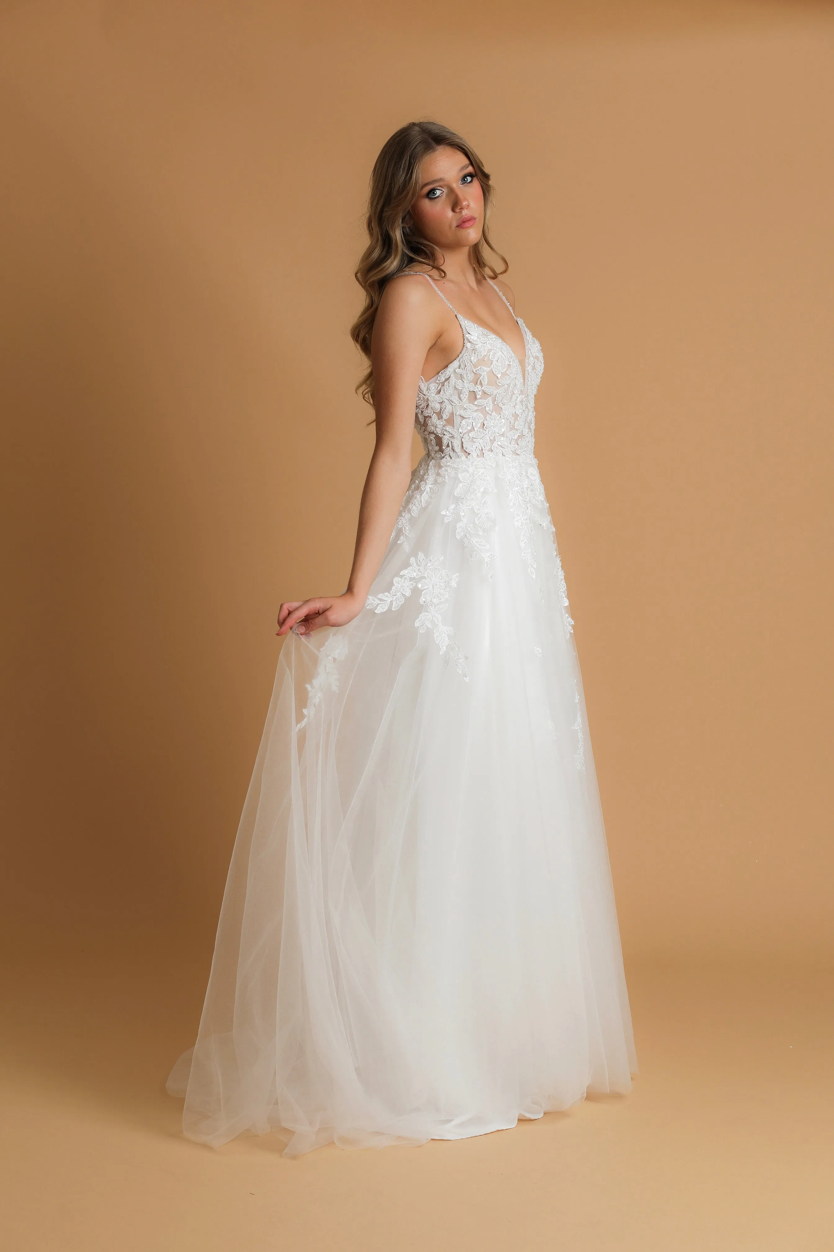 V neck floral Aline wedding dress