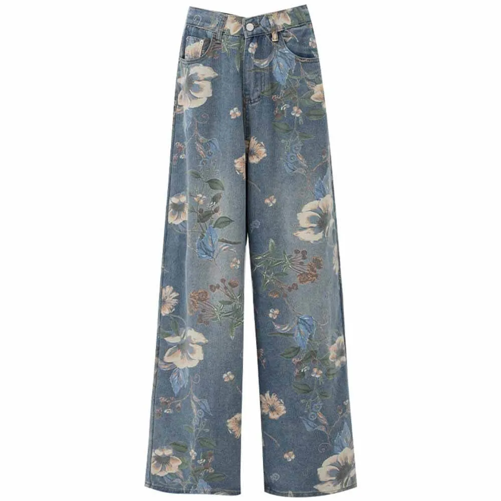 Vintage Flower High Waist Straight Wide Leg Pants